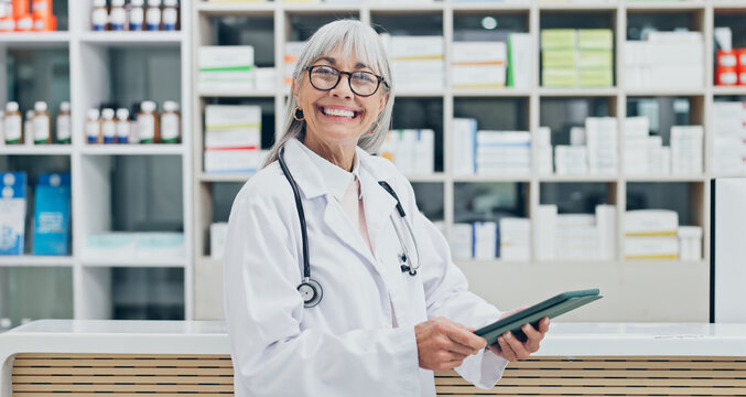 Portrait, chemist or woman in pharmacy with tablet, smile or medical research for prescription drugs. Happy, pharmacist and mature person in drugstore with tech, healthcare experience and about us.