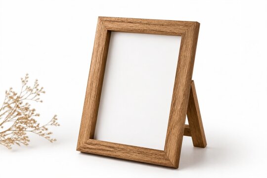 Wooden photo frame standing on white tabletop with flowers