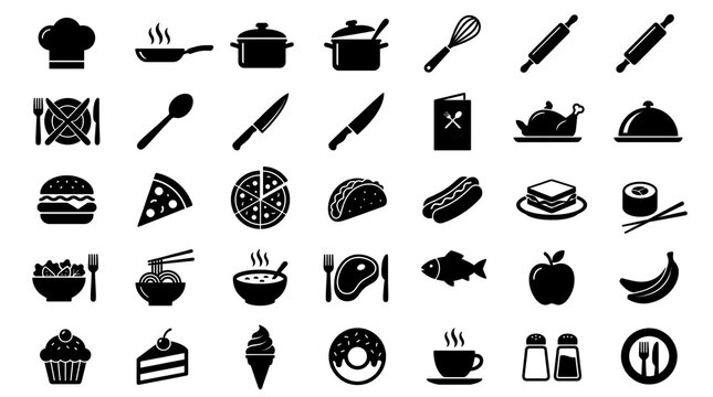 Food and Cooking Icon Set with Kitchen Utensils Fast Food Desserts and Restaurant Symbols