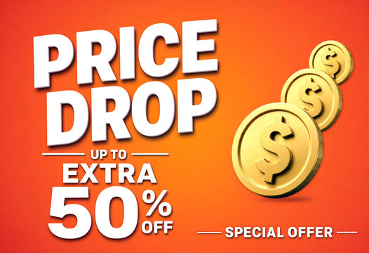 Bright sale advertisement with price drop and extra fifty percent off discount promotion display