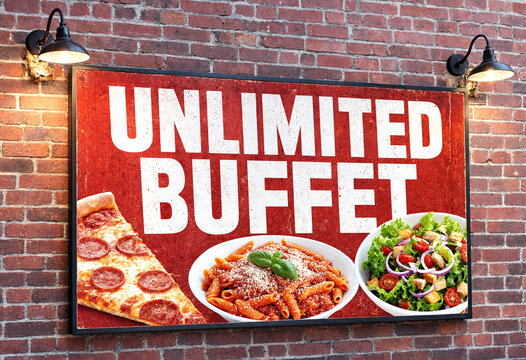 Bright restaurant sign advertising unlimited buffet with pizza pasta and salad options