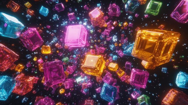 Multicolor translucent glowing cubes drift freely in a dark, infinite digital void, forming an abstract background with vibrant light and a sense of boundless depth.