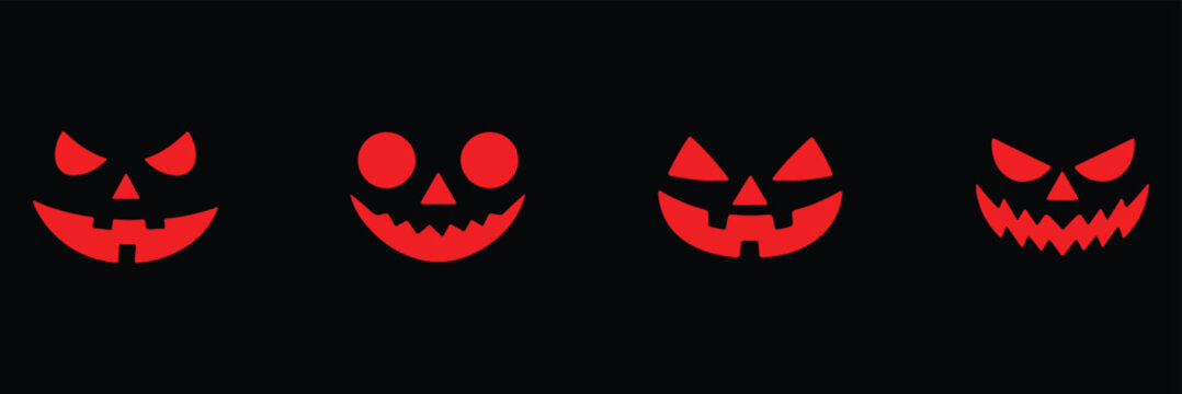 Set of spooky Halloween jack o lantern faces and skulls silhouette. Jack o' lantern silhouettes for festive designs.