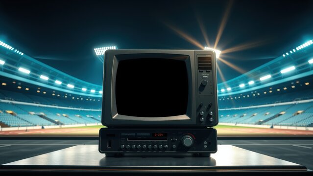 Vintage television sits center stage. Bright stadium lights illuminate device, creating dramatic effect. Dark screen contrasts vibrant background.
