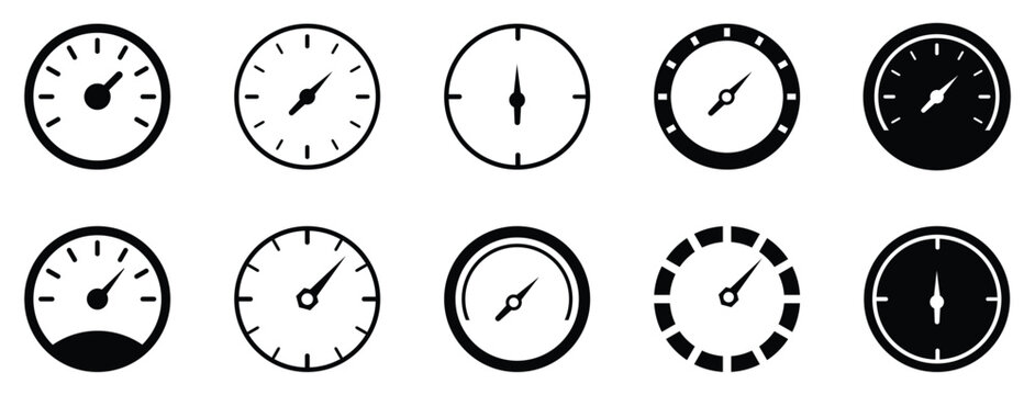 Speedometer icon set vector illustration. gauge measurement symbol collection, pressure meter scale indicator, tachometer and barometer dial badge template. Vector illustration