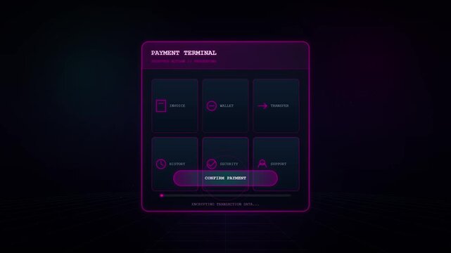 Digital Payment Terminal Interface with Glowing Neon Ui Elements Processing and Confirming a Successful Secure Online Transaction in a Futuristic Environment