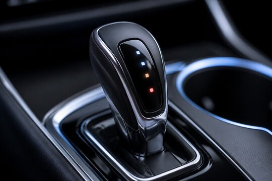 Car gear shift lever positioned in center console interior