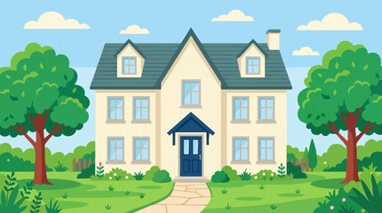 Fototapeta premium Vector illustration of a classic family house with green garden and blue sky