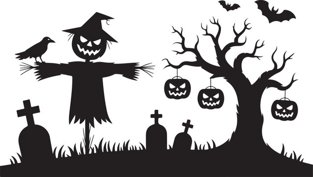 Halloween graveyard scene with scarecrow pumpkins and bats vector illustration on white background