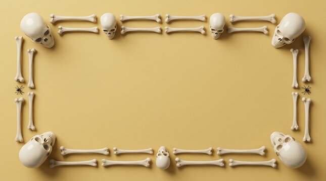 A rectangular frame made of human skulls and various bones arranged on a solid light brown background for a spooky halloween holiday greeting card design