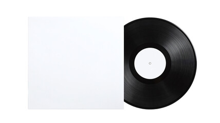 Fototapeta premium Blank white vinyl record album cover mockup with a black LP disc isolated on a transparent background