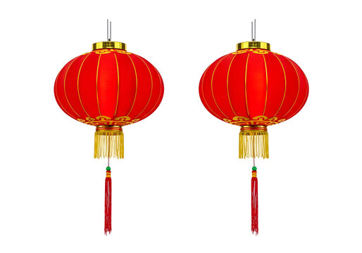 Two red traditional chinese lanterns hanging side by side isolated on white background