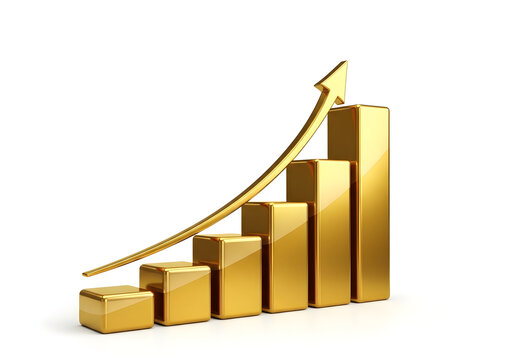 Growing upward arrow with increasing bar chart isolated on white background