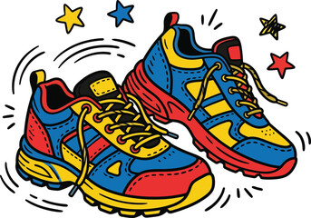 Fototapeta premium Vibrant cartoon illustration of a pair of colorful athletic running shoes.