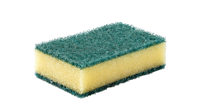 Clean kitchen sponge with yellow foam and green scouring pad isolated on white background