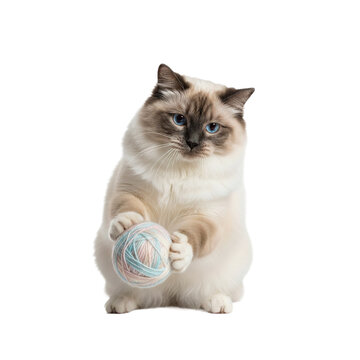 Fluffy ragdoll cat with blue eyes playfully holding pastel yarn ball, showing curiosity and gentle interaction with toy