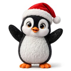 Fototapeta premium Adorable fluffy penguin wearing a classic red Santa hat with wings raised in a cheerful pose, isolated on a white background for Christmas holiday designs