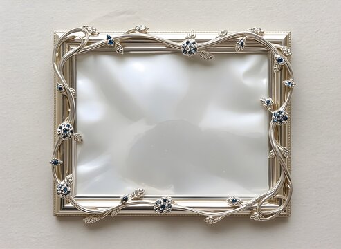 Delicate silver-plated picture frame with intricate vine floral border and sapphire blue crystal accents over smooth white silk background