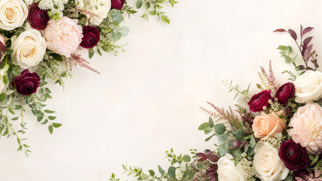 Elegant floral border with burgundy and cream roses. Romantic flower frame on white background. Wedding invitation floral arrangement.