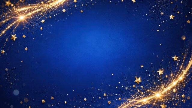Golden stars and light trails on blue background