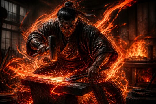 Blacksmith forging heated blade in fiery workshop interior