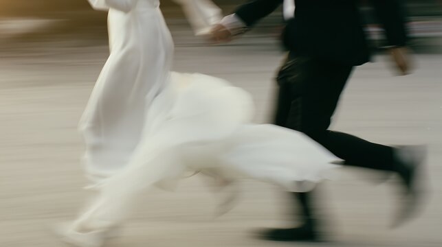 A bride and groom are captured in motion, creating a dynamic and romantic blur effect in this wedding scene.