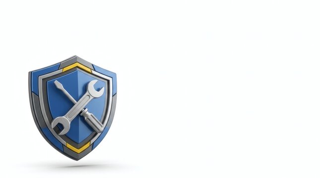 Blue shield with wrench and screwdriver on white background