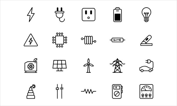 Set outline icons related to electricity. Linear icon collection. Editable stroke. Vector illustration