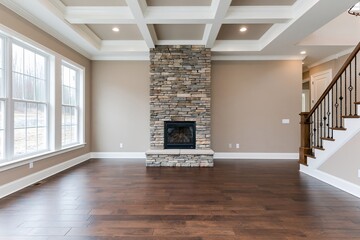 Naklejka premium The Stone Fireplace Centerpiece in a Modern Living Room Design