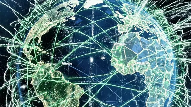 Earth globe with glowing green digital network connection lines