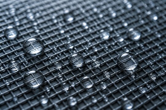 Water droplets beading on metal mesh surface closeup