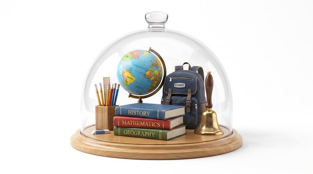Glass dome covering miniature school supplies. Educational concept with globe, books, backpack, pencils and bell. Isolated on white background with copy space.