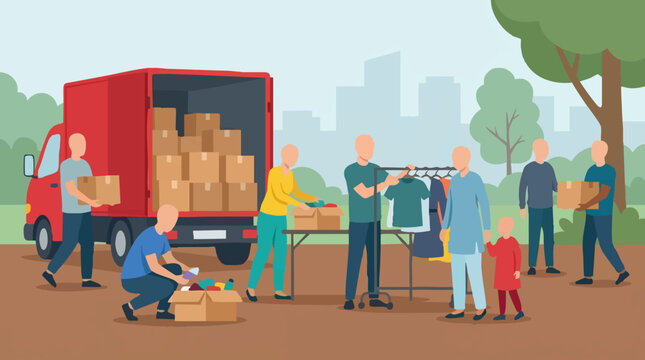 Volunteers loading, sorting, and distributing donated goods for charity