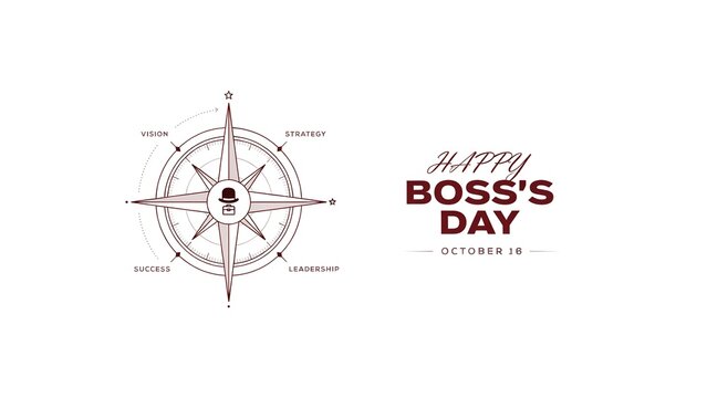 Happy Boss's Day greeting card with compass rose, professional leadership and strategy vision concept, corporate October 16 celebration banner on white background