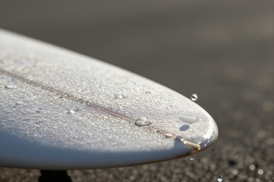 Close Of White Surfboard With Water Droplets Scattered Across Surface Suggesting Recent Use Exposure To Moisture In Air Board Sleek