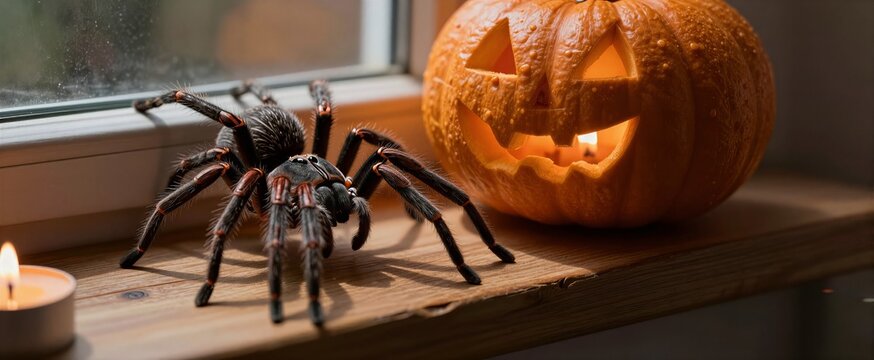Large Tarantula Spider Prominently Displayed In Foreground On To Wooden Surface Dark Hairy Legs With Reddish Brown Joints Body