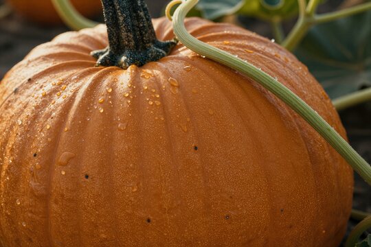 Showcases Close Of Orange Pumpkin With Water Droplets On Surface Indicating Recent Rain Dew Textured Rind Pores Glisten Light Stem Dark