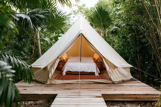 The Glamping Tent Amidst Tropical Foliage With Cozy Bedside Lighting