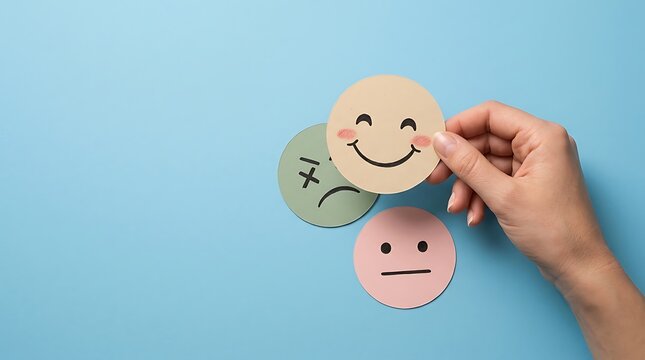 Hand holding a happy smiley face paper card with other mood icons