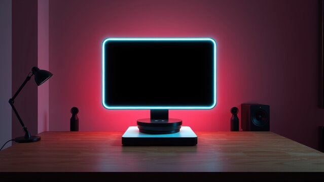 Minimalist setup features monitor, lamp, speakers. Vibrant neon lighting creates dramatic mood. Wooden desk completes modern workspace.