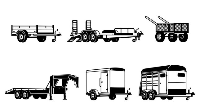 Trailer set with various types featuring flatbed, livestock, utility, and enclosed trailers with wheels and hitches