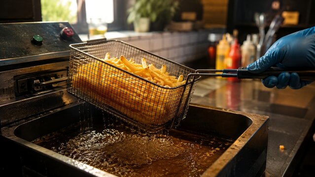 Golden French Fries in Deep Fryer Basket Freshly Cooked Crispy Fast Food Preparation
