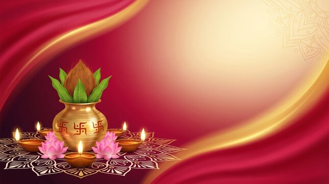 Elegant Sharad Navratri background with kalash, lotus, diyas and traditional rangoli decorations.