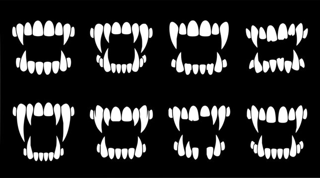 Vampire teeth set with various open mouth shapes featuring fangs, canines, molars with enamel and gums