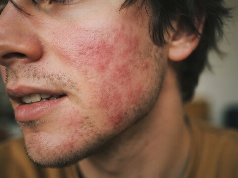 Young male with allergic skin rash on face for dermatology awareness concepts