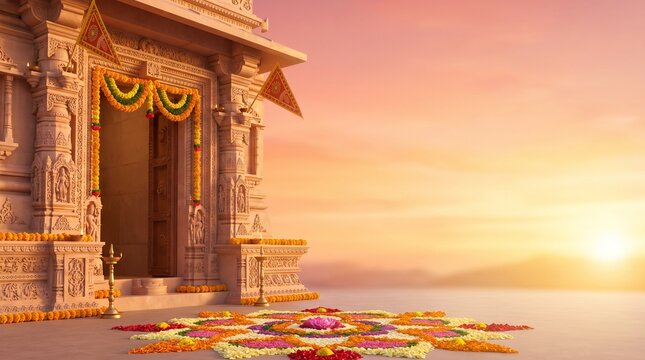 Festive Sharad Navratri banner with temple entrance, marigold garlands, oil lamps and floral rangoli.