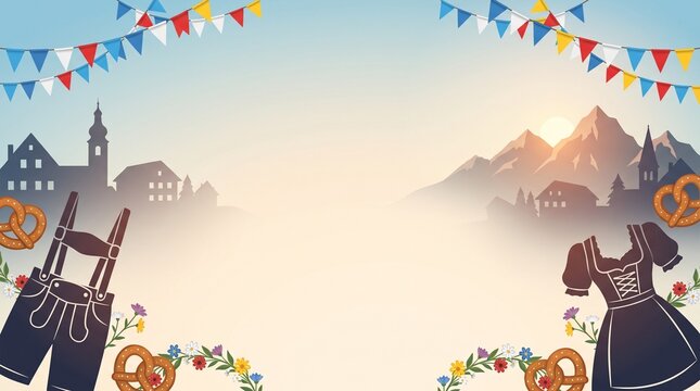 Bavarian Oktoberfest banner combining alpine scenery, traditional clothing silhouettes and festive decorations.