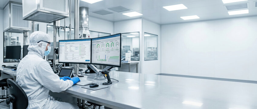 Pharma 4.0 laboratory with technician monitoring scientific data displays