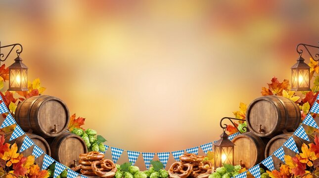 Rustic Oktoberfest banner featuring wooden barrels, pretzels, hops and classic Bavarian festival decorations.