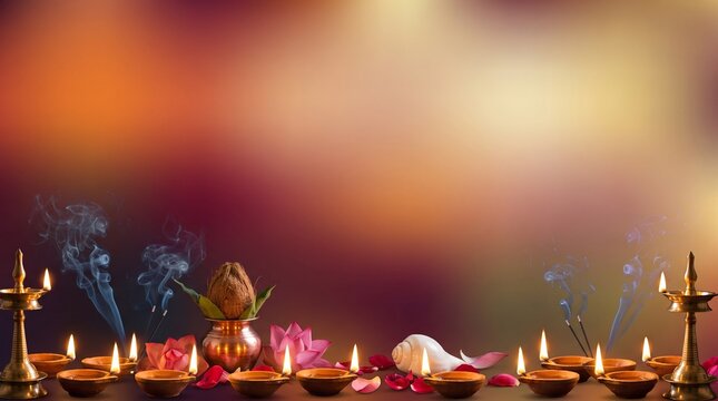 Atmospheric Sandhi Puja background with traditional oil lamps, incense, kalash, conch shell and lotus petals.